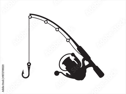 A silhouette fishing rod is angling with a hook vector, Fishing Rod with Reel and Hook Silhouette on White Background