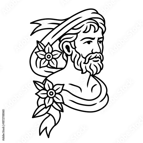 man's head with flower and ribbon decoration.classic style black and white illustration