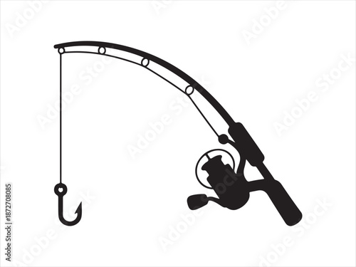A silhouette fishing rod is angling with a hook vector, Fishing Rod with Reel and Hook Silhouette on White Background