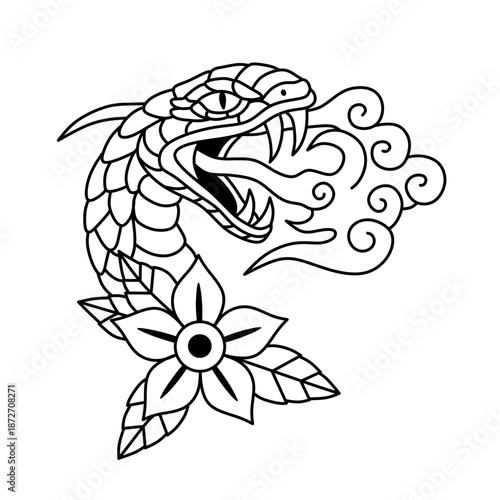 simple line snake head tattoo illustration with traditional flowers and smoke
