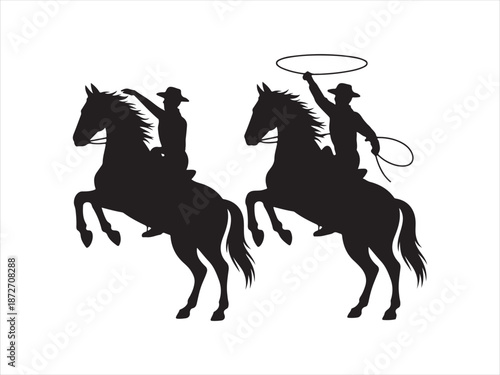 A cowboy riding a horse in a dramatic silhouette, Cowboy silhouette, horse rearing, lasso action, Western Cowboy Style Vector