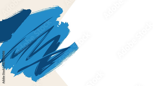 Abstract Blue Paint Brush Stroke Splatter on a Beige and White Background