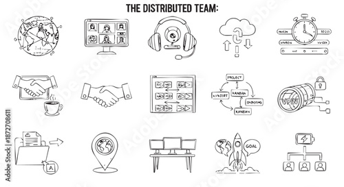 A versatile hand-drawn icon collection depicting a distributed team's key elements, from global collaboration and remote work to project management and technology.