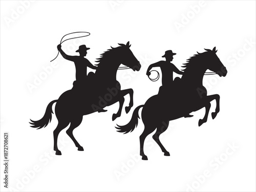 A cowboy riding a horse in a dramatic silhouette, Cowboy silhouette, horse rearing, lasso action, Western Cowboy Style Vector