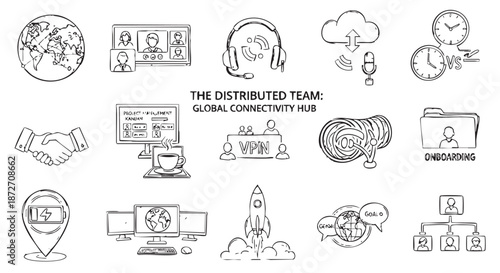 This versatile collection of hand-drawn icons represents the distributed team model, highlighting global connectivity, remote work, and essential digital tools.