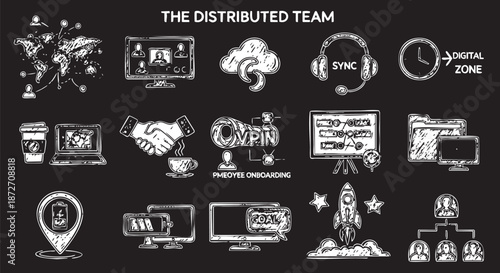 Engaging chalk-style icons visualize essential elements, technological solutions, and collaborative strategies for modern distributed teams.