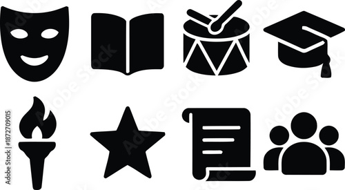 arts, education, vector, icons, drama mask, open book, drum, graduation cap, burning torch, star, document scroll, group, people, design, illustration, transparent, element, shape, silhouette, graphic