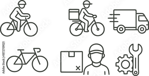 bicycle, delivery, logistics, courier, service, truck, van, shipping, transport, repair, maintenance, wrench, gear, bike, cyclist, rider, box, package, man, helmet, urban, mobility, line, icon, vector