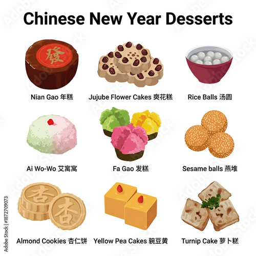 Flat vector illustration: various traditional chinese new year desserts, pastries, snacks icon set symbol - Lunar celebration, authentic delicious food, asian culinary, sweets, culture tradition 
