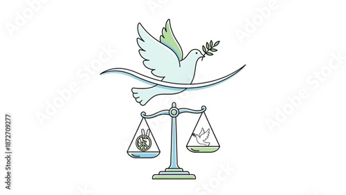 Dove of peace carrying olive branch above scales of justice with symbols representing harmony and balance vector illustration