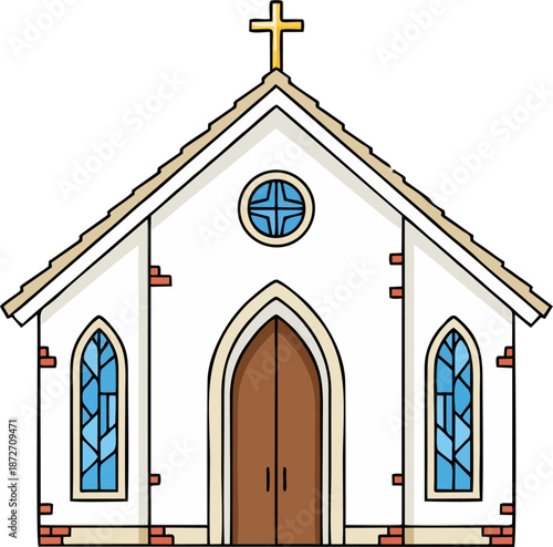 Simple flat vector illustration of symmetrical Christian church with golden cross on roof, central rose window, side lancet gothic blue stained glass windows, brown arched wooden doors, and brick base