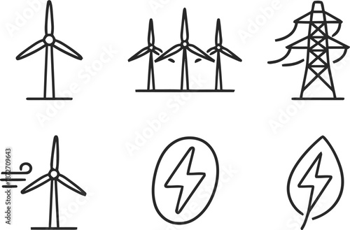 windmill, wind energy, electricity tower, power generation, line icons, green energy, renewable energy, sustainable technology, environmental conservation, electric, ecology, vector illustration, icon
