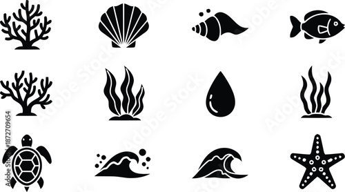 marine life, ocean, sea, coral, seashell, sea snail, fish, turtle, seaweed, starfish, wave, icon, vector, silhouette, black, design, element, isolated, transparent, underwater, aquatic, nature, symbol