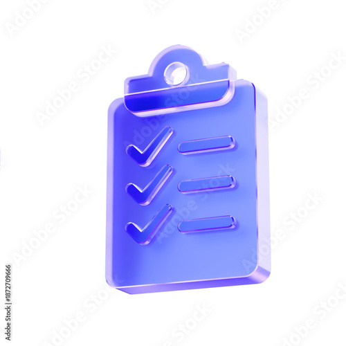 3D Glass clipboard icon, task management and productivity checklist. Transparent liquid Glass design icon, trending glass icon for graphic design, 3d illustration.