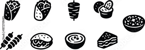 food, kebab, shawarma, pita, wrap, gyro, skewer, meat, middle, eastern, mediterranean, cuisine, restaurant, menu, icon, vector, falafel, hummus, bowl, salad, traditional, street, dinner, lunch, grill,