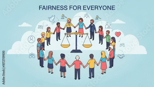 Diverse group of people holding hands around scales of justice concept of fairness and equality for everyone vector illustration