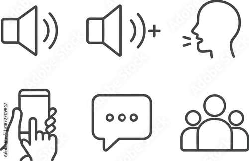 communication, speaker, volume, speech, people, hand, mobile phone, icon, symbol, vector, illustration, graphic, outline, isolated, clipart, element, drawing, line art, connection, contact, social med
