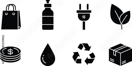 icon, symbol, graphic, design, vector, set, collection, line, pictogram, sign, clipart, illustration, outline, e-commerce, shopping, shop, online, business, delivery, bag, bottle, electric plug, leaf,