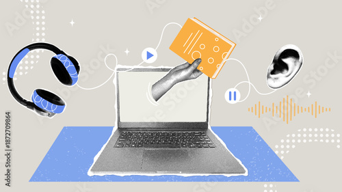 Digital learning and access to audio content. Fashionable collage in halftone tones. Learning concepts, e-books and access to information.