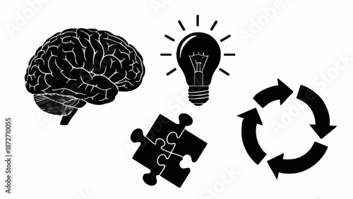 Cognitive Innovation Set Featuring Anatomical Human Brain Glowing Lightbulb Idea Puzzle Piece And Continuous Process Arrows