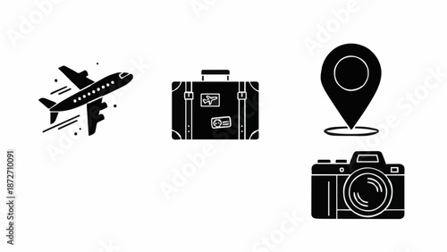 Global Travel Adventure Set Featuring Commercial Airplane Flight Vintage Luggage Map Location Pin And Digital Camera