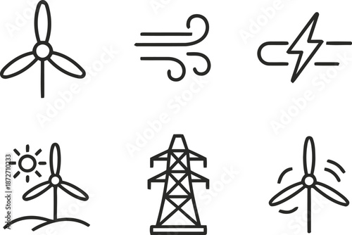 windmill, blowing wind, electric energy, solar energy, line art, alternative power, vector illustration, renewable energy, green technology, sustainable solutions, environmental conservation, eco-frie