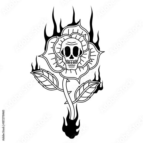 skull head among blooming and burning roses.classic hand drawn tattoo illustration