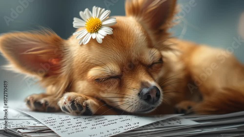 valentine day with pet concept. Cute dog sleeping on papers.