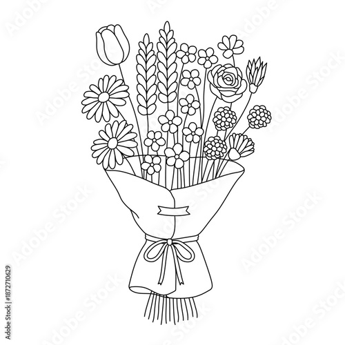 bouquet of various flowers. Illustration of line art of various flowers into a bouquet
