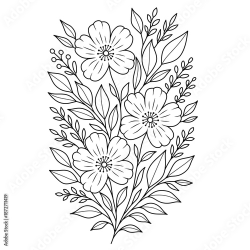 Decorative and aesthetic line art of flowers and leaves. Hand drawn beautiful floral ornament vector illustration.