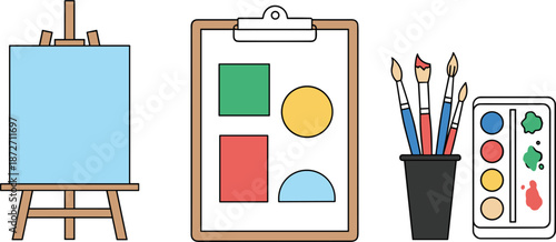 Art supplies including an easel, canvas, clipboard with shapes, paintbrushes, and palette Keywords: art, artist, painting