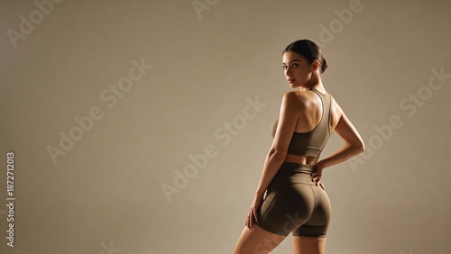 Athletic woman wearing brown activewear posing confidently in studio