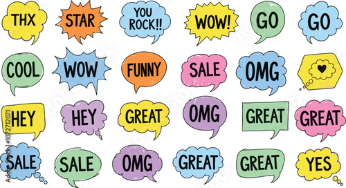 Collection of colorful speech bubbles with various words and expressions talk bubble thought bubble