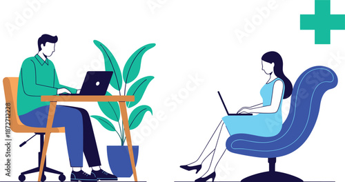 Diverse People Working Remotely On Laptops In Modern Office Setting woman computer