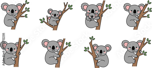 Eight cartoon koalas clinging to tree branches on a white background bear marsupial