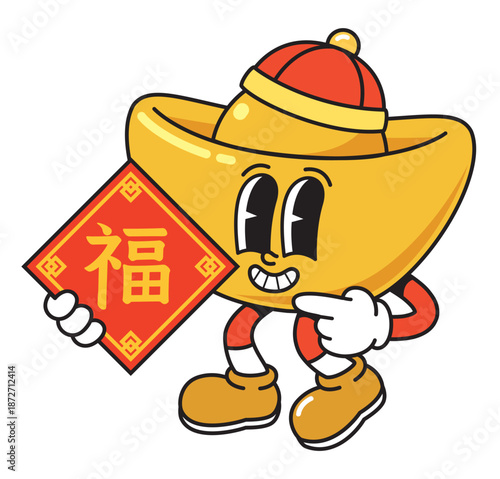 Chinese New Year Gold Ingot Mascot Holding Fu Blessing Sign