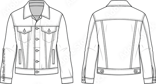 Front and Back View of a Denim Jacket Fashion Flat Design vector illustration