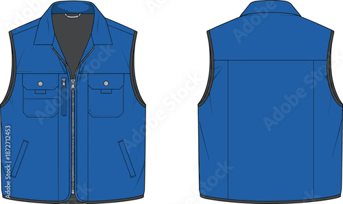 Front and Back View of Blue Work Vest with Zipper and Pockets on White Background vector illustration