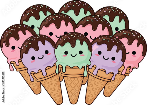 Kawaii Ice Cream Cones with Chocolate Drizzle and Sprinkles on White Background vector illustration