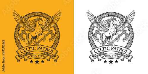 Celtic Patrol Mythic Steeds Pegasus Pegasus Emblem with Crossed Axes