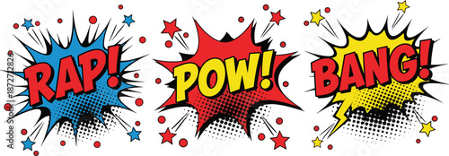 Three comic book style sound effect words RAPOWBANG Keywords: comic, sound effect, rap, pow, bang, explosion, action