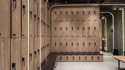high-end locker room with warm wooden lockers, soft lighting, and bench seating, designed for gyms, spas, and luxury wellness facilities. ideal for themes of fitness lifestyle, resort amenities