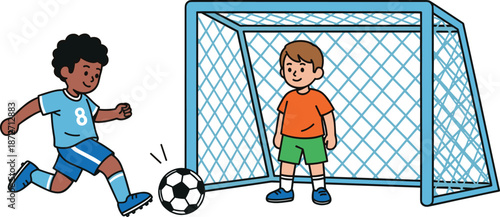 Two Cartoon Boys Playing Soccer Near A Goal football kids
