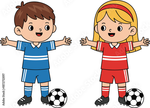 Two Cartoon Children In Soccer Uniforms With Soccer Balls Ready To Play kids girl