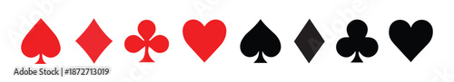  suit desk playing  .Set of playing card vector suits including spade, heart, club and diamond with bonus icon like joker, dice and casino chips. Perfect for card games, casino UI and gambling themes.