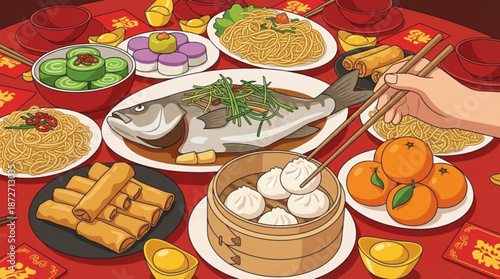 Illustration: banquet table, traditional chinese feasts, dumpling, dishes, tangerine,home - Chinese New Year dinner, Lunar celebration, spring festival, family reunion, gathering, Asian authentic food