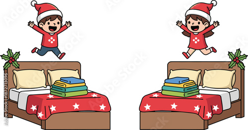 Two Happy Cartoon Children In Santa Hats Jumping Over Beds With Christmas Bedding kids girl