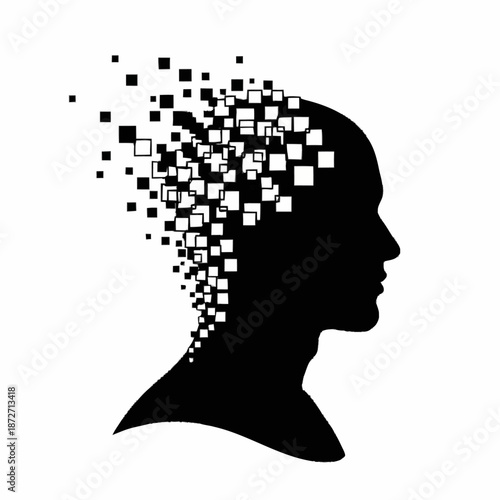 Silhouette of a human head dissolving into pixels.