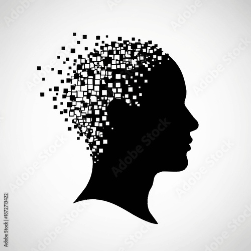 Silhouette of a human head dissolving into pixels.