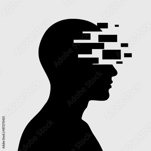 Silhouette of a human head dissolving into digital fragments.